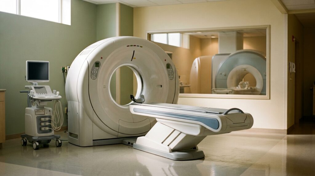 Empty hospital imaging department with a CT scanner in the foreground, an MRI scanner through a window behind it and an ultrasound cart to the left
