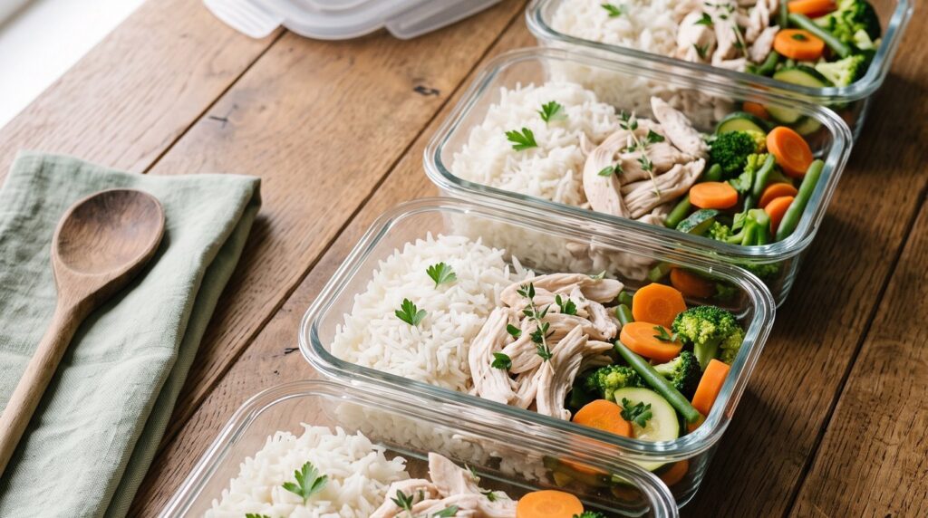 Five glass meal containers filled with rice, chicken and vegetables