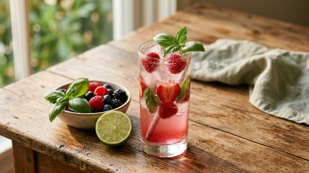 A tall glass of sparkling berry and basil refresher over ice with fresh raspberries