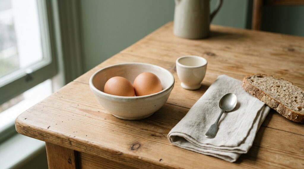 Two eggs in a small cream bowl beside an eggcup and a folded linen napkin
