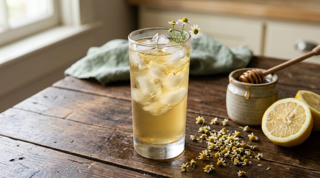 A tall glass of pale chamomile iced tea over ice with a honey drizzle