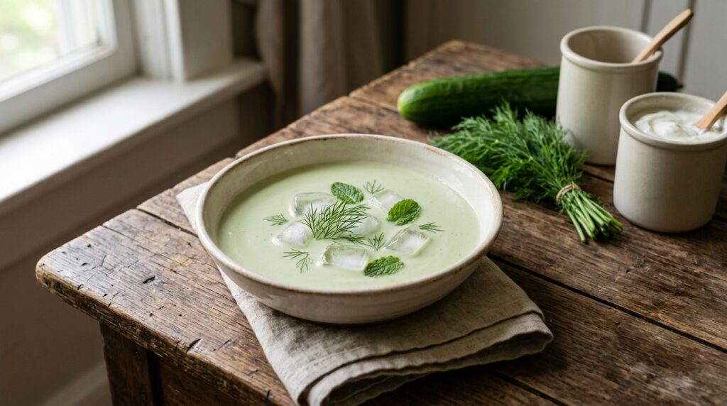 A bowl of chilled pale green cucumber and yogurt soup with ice and fresh dill