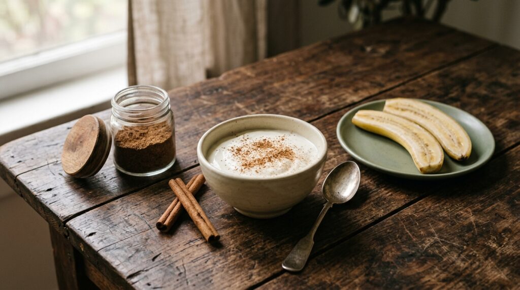 A small jar of cinnamon breakfast sprinkle beside a bowl of plain yogurt