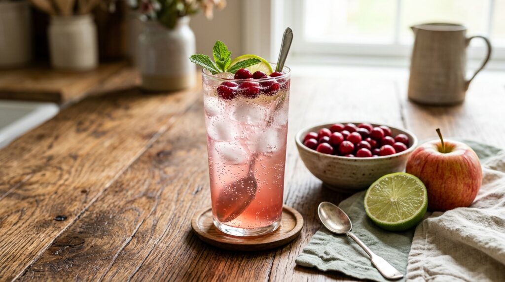 A tall glass of pink cranberry and apple spritz with fresh cranberries