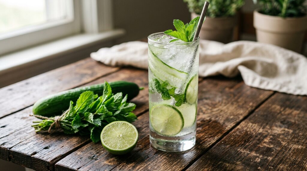 A tall glass of cucumber and mint cooler over ice with cucumber ribbons