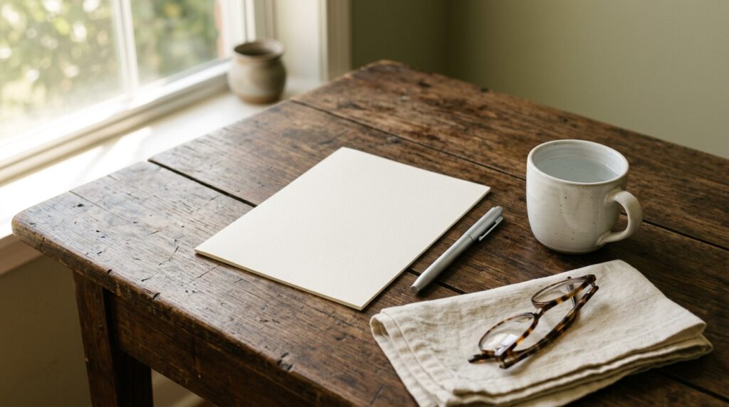 A blank sheet of paper, a pen and a plain white mug of water on a walnut table