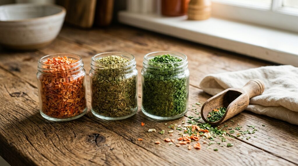 Three small glass jars of dried carrot, celery and parsley flakes with a wooden scoop