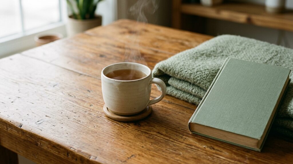 A mug of herbal tea with steam rising beside a folded wool blanket