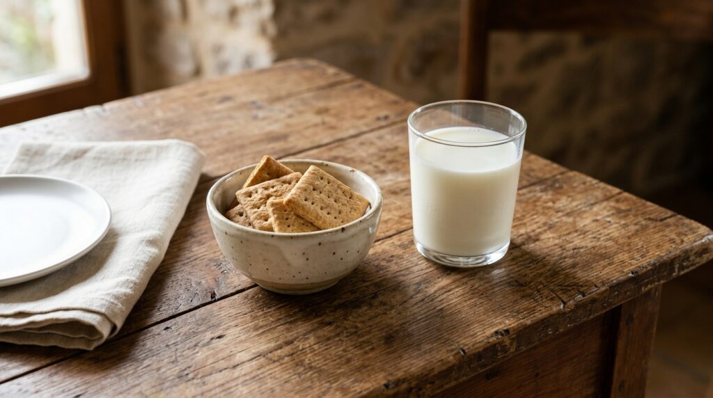 A small bowl of plain crackers and a glass of milk on a table in low evening light