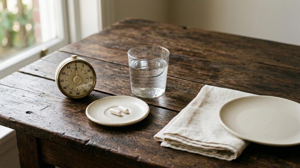 A small kitchen timer and a cream saucer with two capsules beside a glass of water