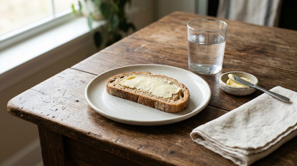 A plain slice of bread with a thin scrape of butter on a white plate