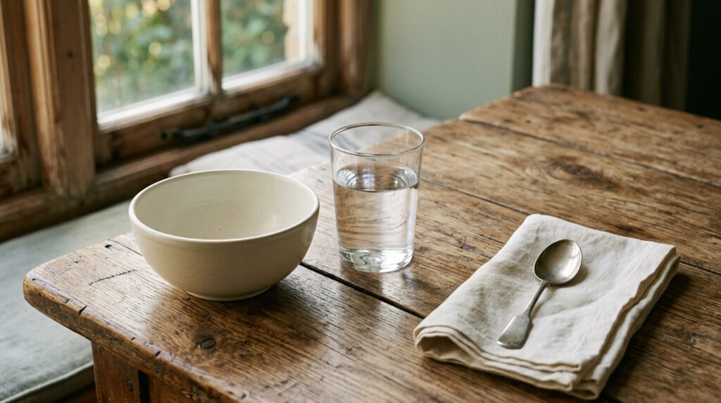 A clean empty ceramic bowl, a glass of water and a folded linen napkin