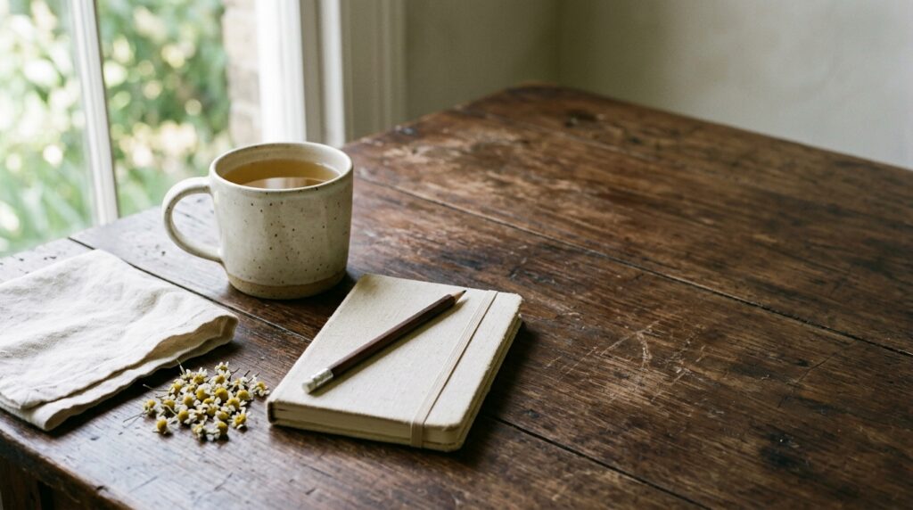 A mug of herbal tea and a closed notebook with a pencil on a walnut table in soft morning light
