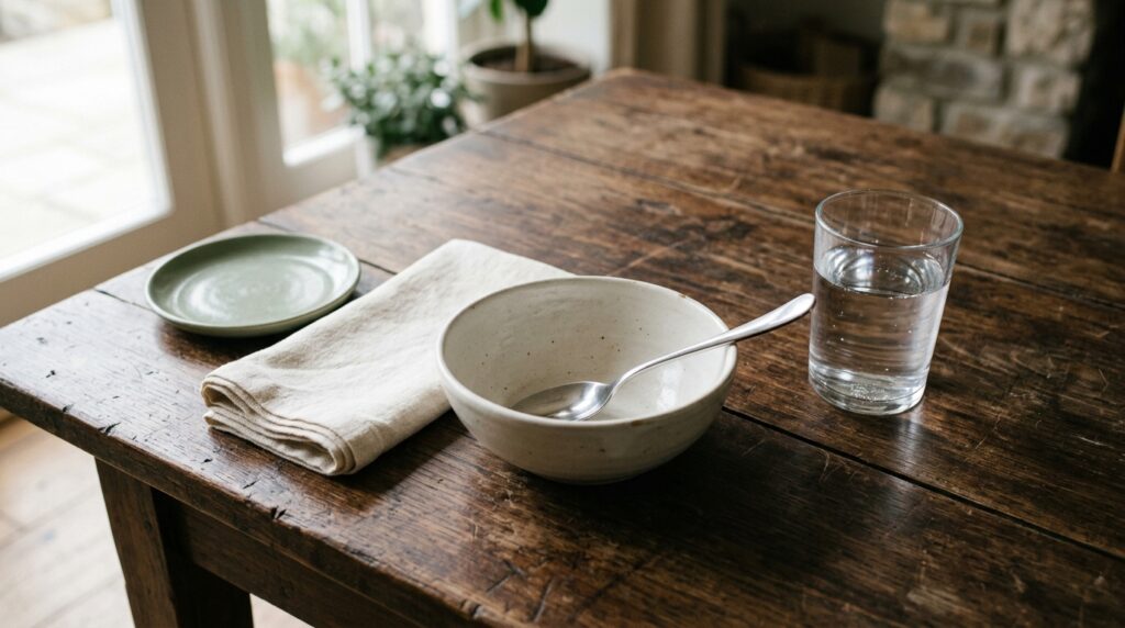 A clean empty white bowl and a spoon on a table beside a folded linen cloth