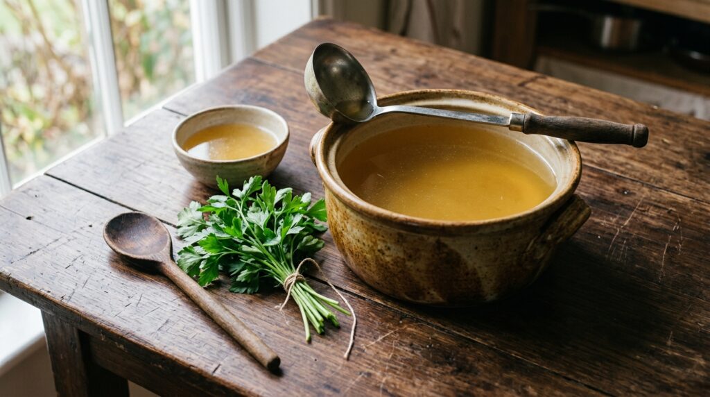 A ladle resting across a pot of clear broth with a small bowl beside it