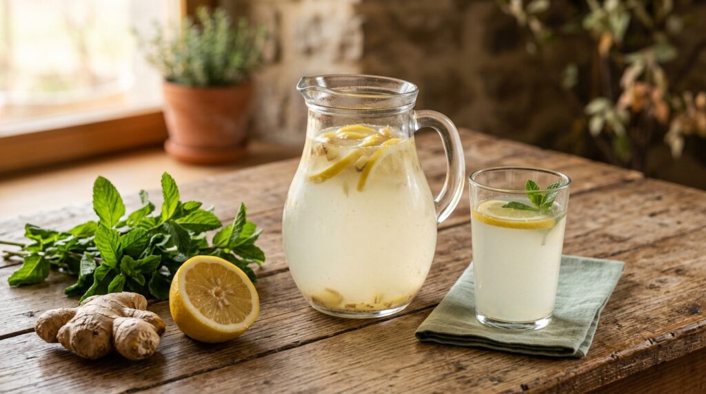 A glass pitcher of cloudy ginger lemonade with lemon slices