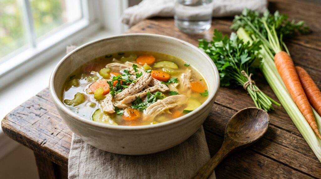 A bowl of clear low-fat chicken and vegetable soup with carrot, celery and parsley on a wooden table