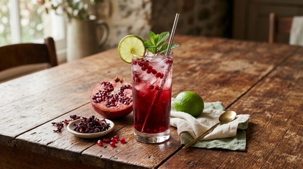 A tall glass of ruby hibiscus and pomegranate spritz over ice