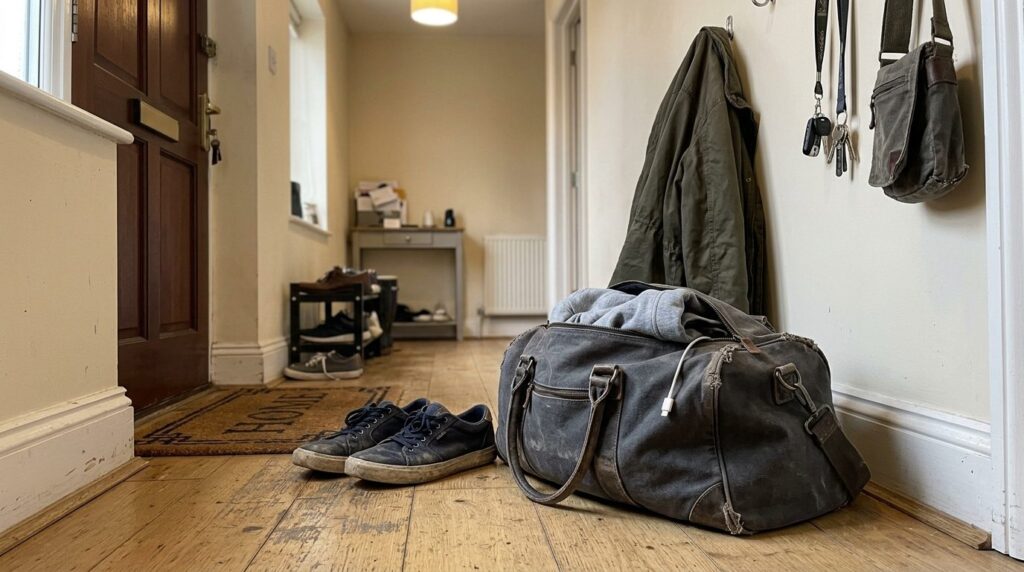 A packed overnight bag waiting on the hallway floor by the front door, next to a pair of sneakers
