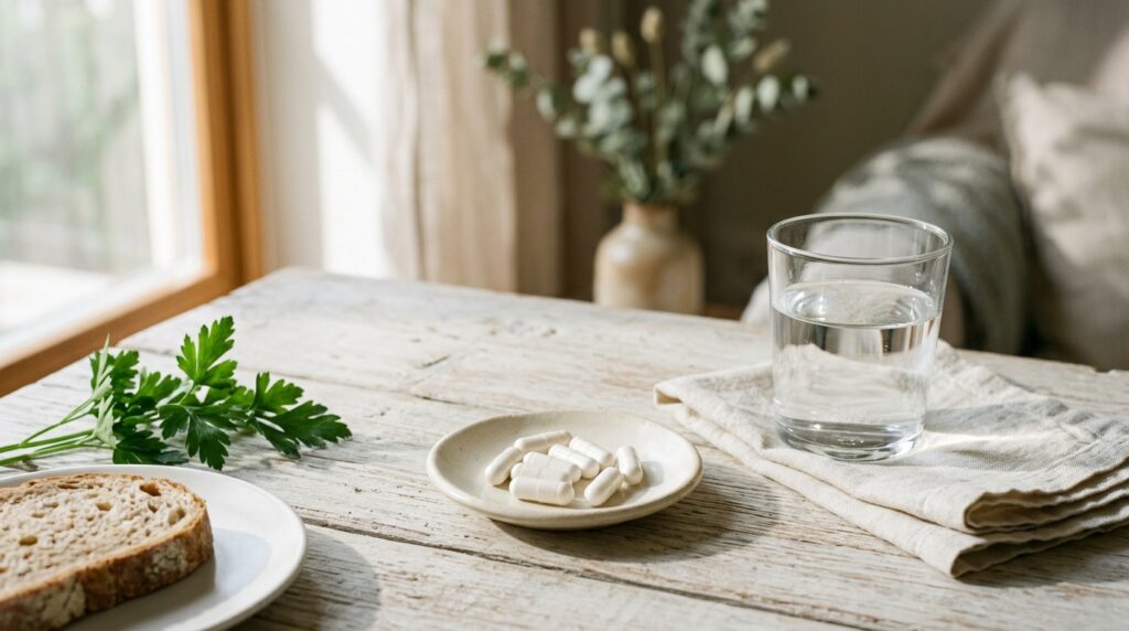 A small saucer of capsules beside a glass of water and a plate of bread on a pale wood table