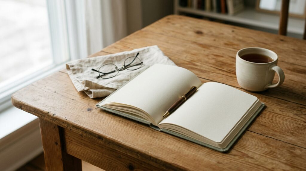 An open blank notebook with a pen resting in the gutter beside a mug of tea
