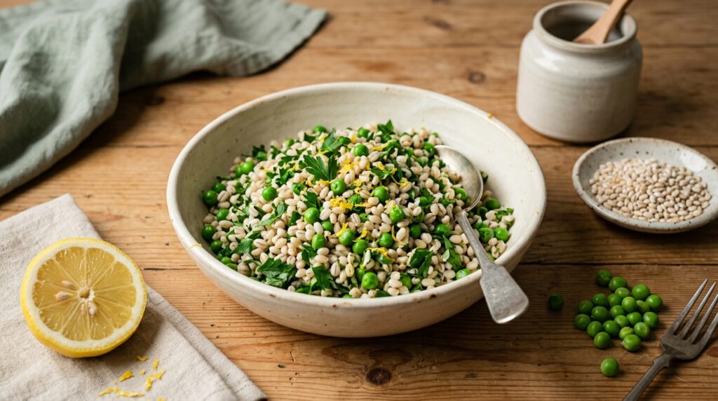 A bowl of pearl barley with green peas, lemon zest and chopped parsley