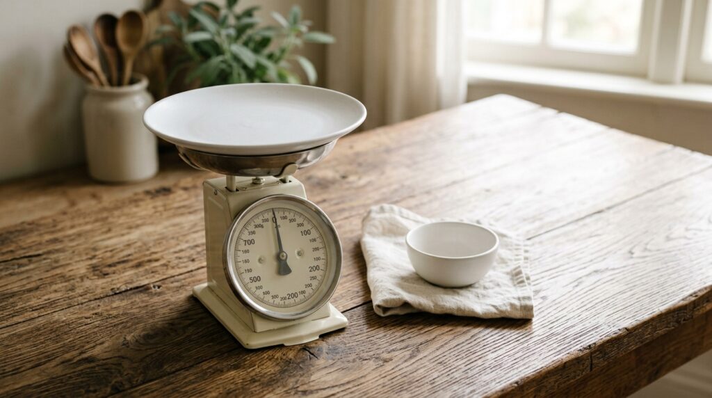 A small kitchen scale with a plain white plate on it beside a folded linen cloth