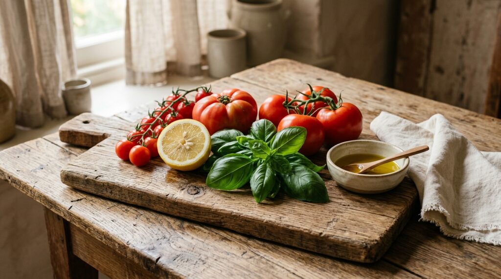 A wooden board with tomatoes, a lemon and fresh basil