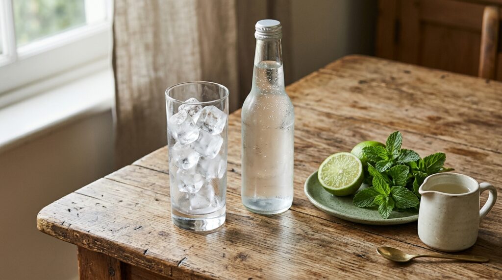 A tall empty glass with ice, sparkling water, a halved lime and a bunch of mint