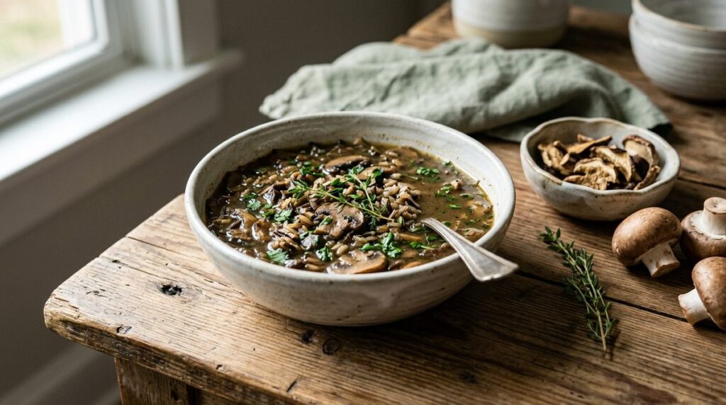 Mushroom and rice soup, built on dried mushrooms