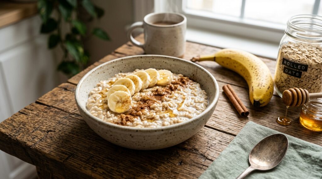 A bowl of plain oatmeal topped with sliced banana and a dusting of cinnamon