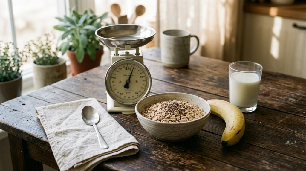 A small kitchen scale beside a bowl of oats, a banana and a glass of milk