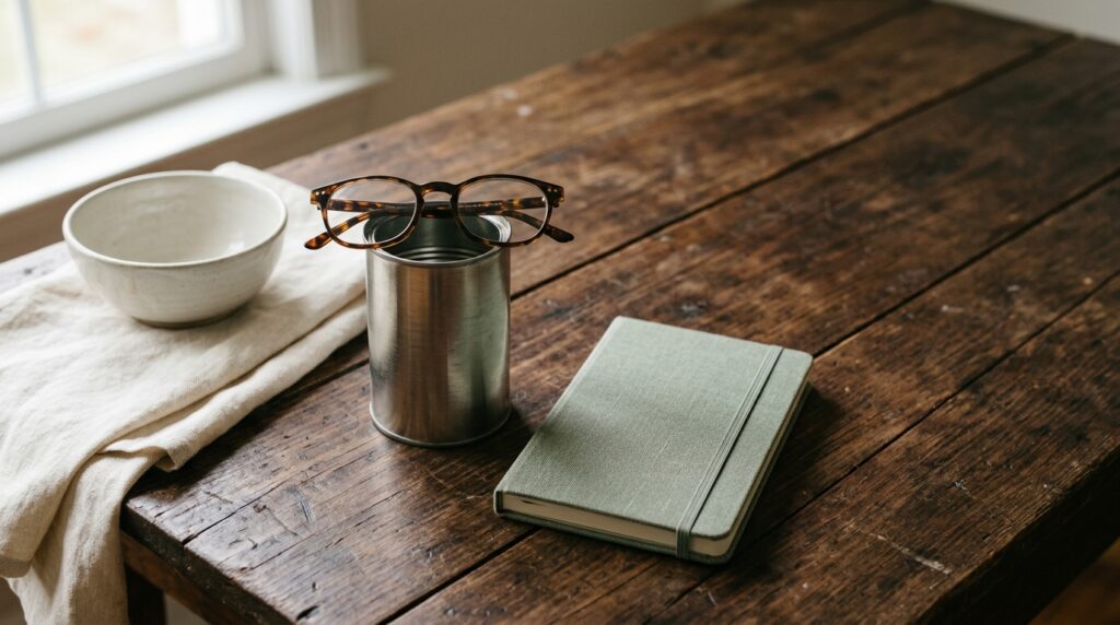 Reading glasses resting on a plain unlabelled tin beside a small notebook