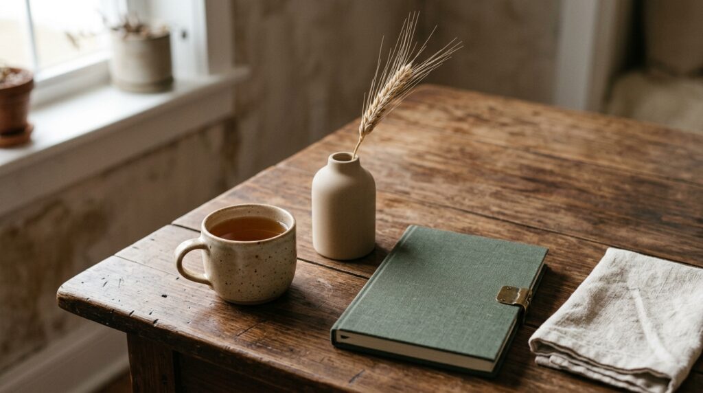 A mug of tea and a small vase with a sprig of dried wheat by a window