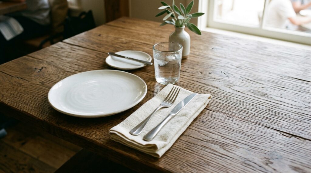 An empty white restaurant plate with a folded napkin and simple cutlery