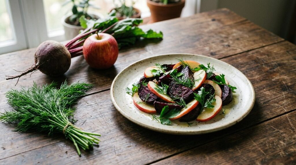 Roasted beetroot and apple salad with lemon and dill