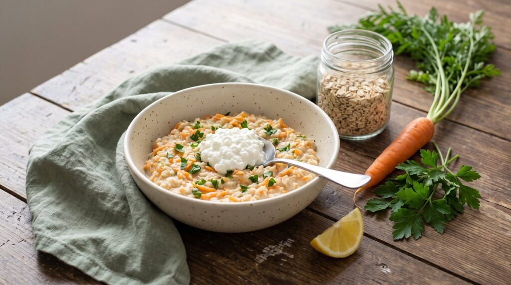 Savoury oats with grated carrot and herbs