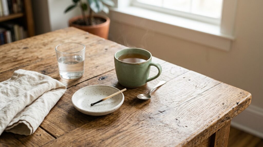A plain ceramic dish holding a single spent matchstick beside a mug of tea