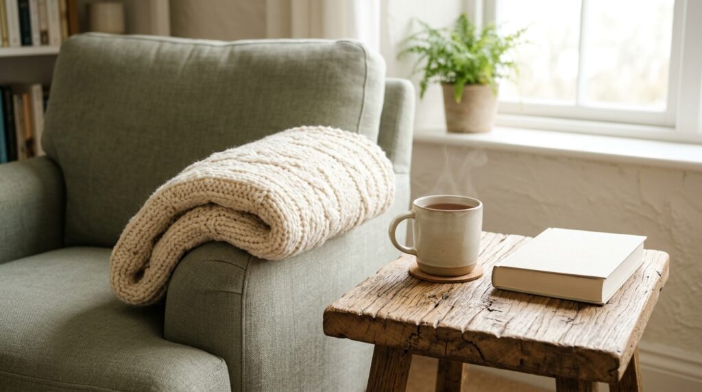 A folded wool blanket and a mug of tea on a side table by a window