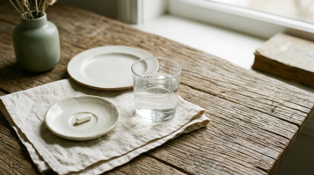 A cream ceramic saucer holding a single capsule beside a glass of water