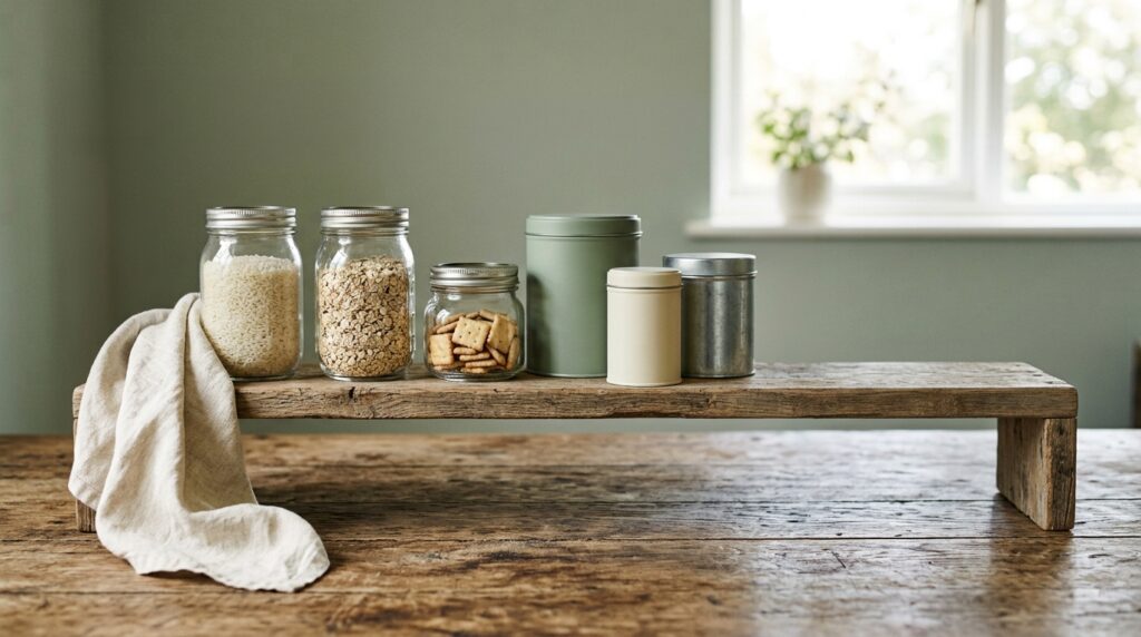 An open kitchen shelf with plain jars of rice, oats and crackers