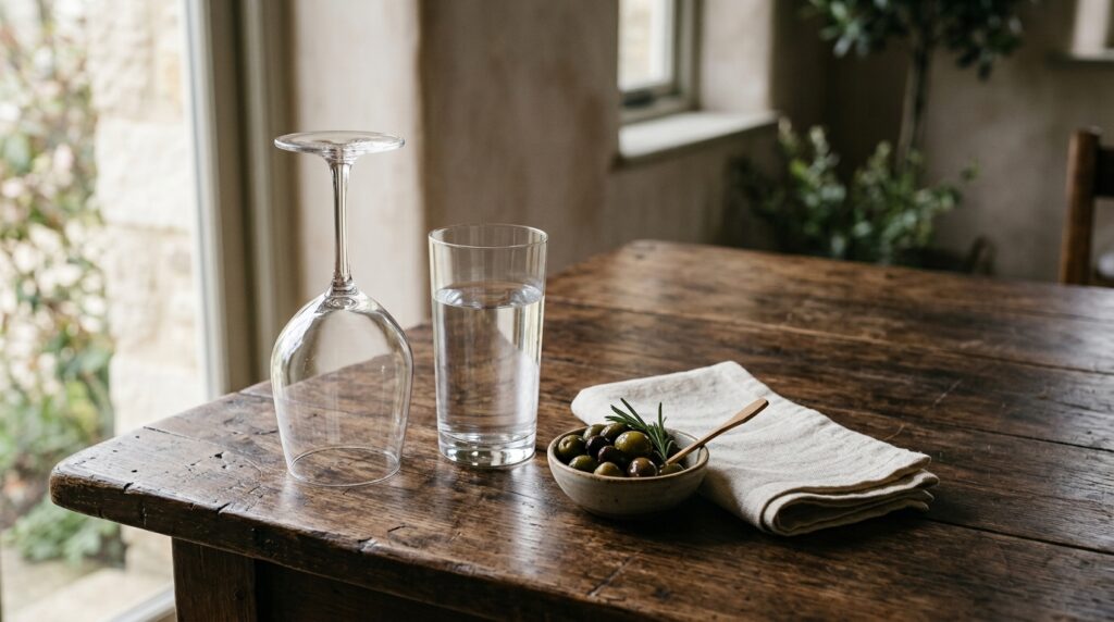 An upturned empty wine glass beside a glass of water on a table