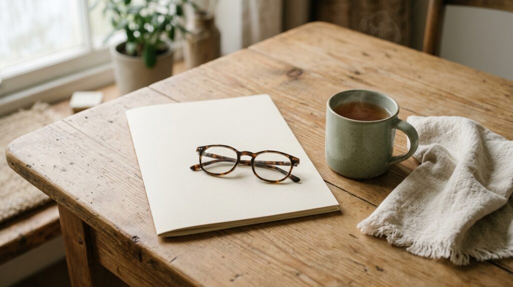 A plain folder and a pair of reading glasses beside a mug of tea