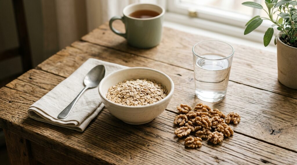 A small bowl of oats and a handful of walnuts beside a glass of water