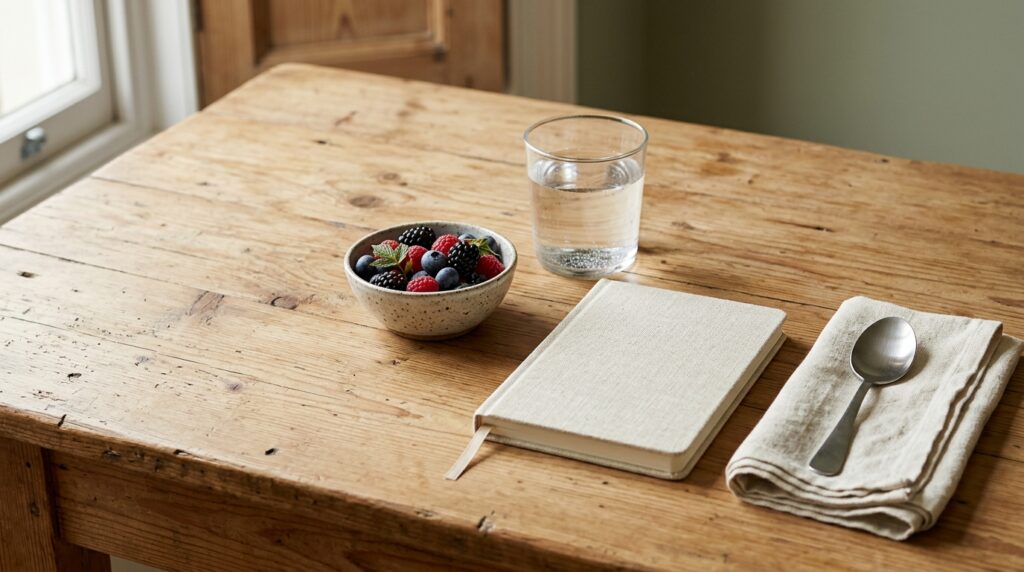 A glass of water and a closed notebook beside a bowl of fresh berries