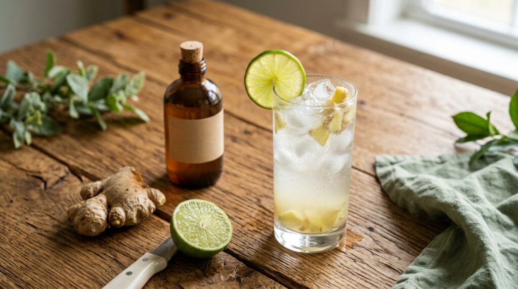 A tall glass of sparkling ginger and lime drink with a lime wheel