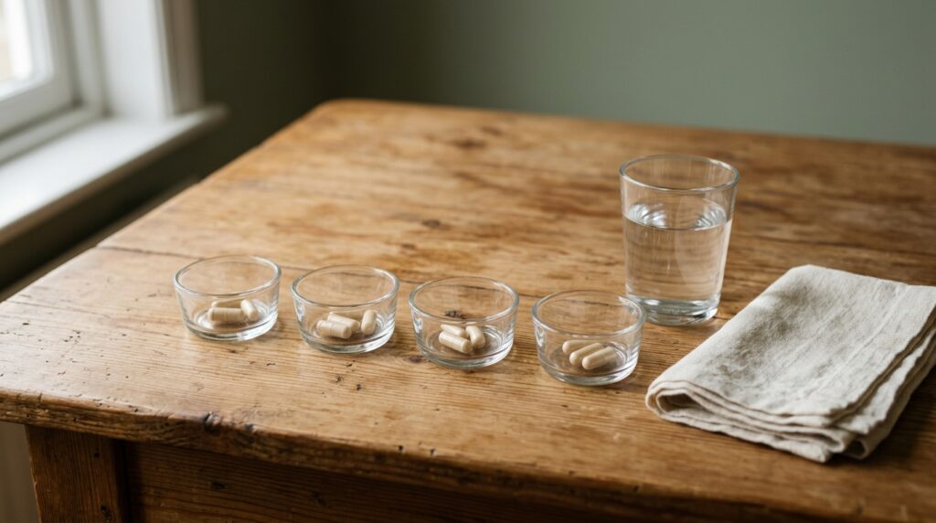 Four small glass dishes of plain capsules arranged in a row beside a glass of water