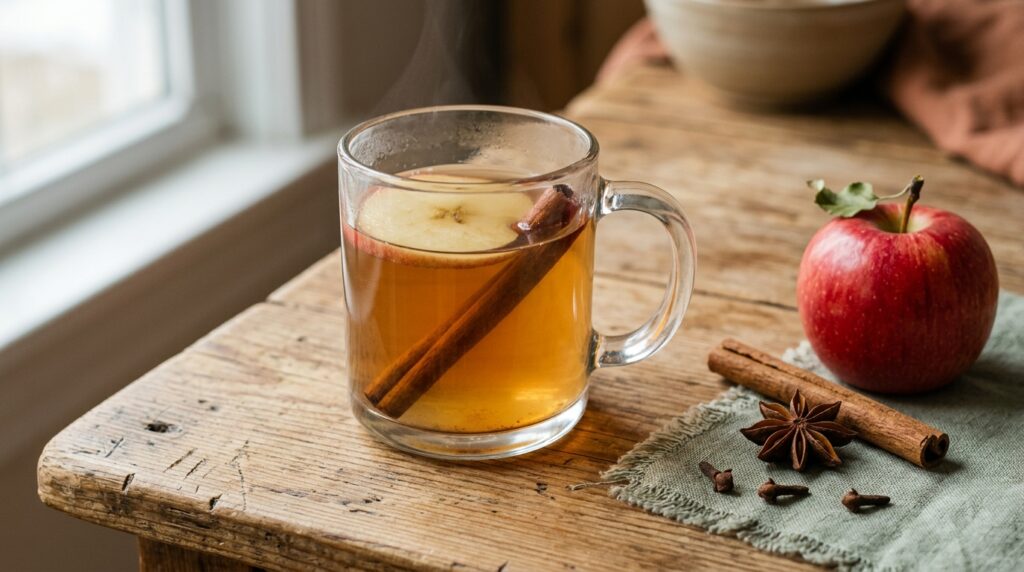 A clear glass mug of warm spiced apple infusion with an apple slice and cinnamon