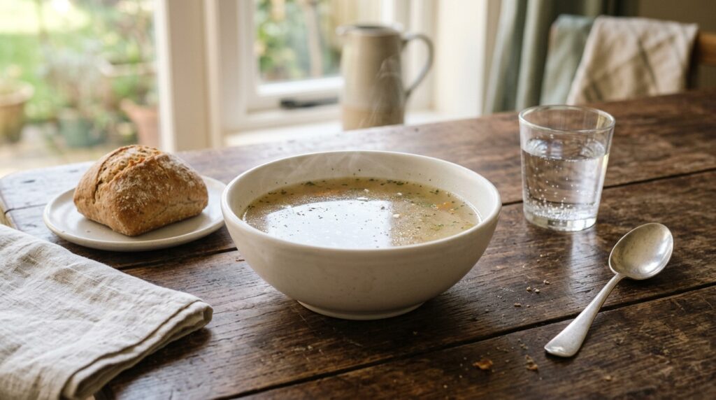 A plain white bowl of clear broth with a spoon beside a glass of water