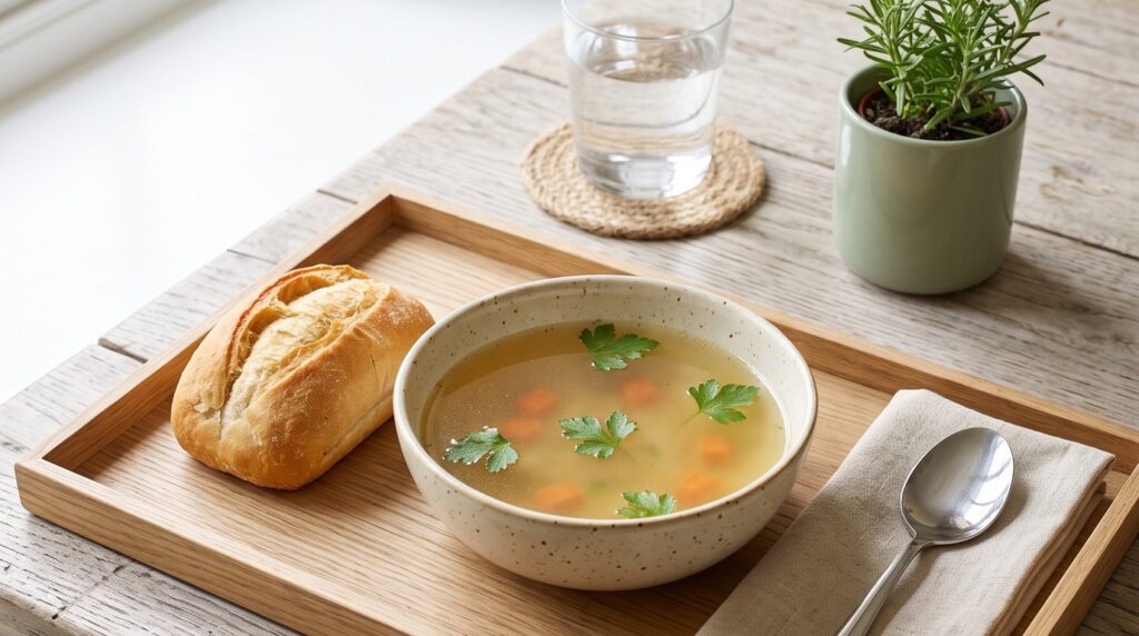 A plain tray with a bowl of clear broth, a bread roll and a glass of water